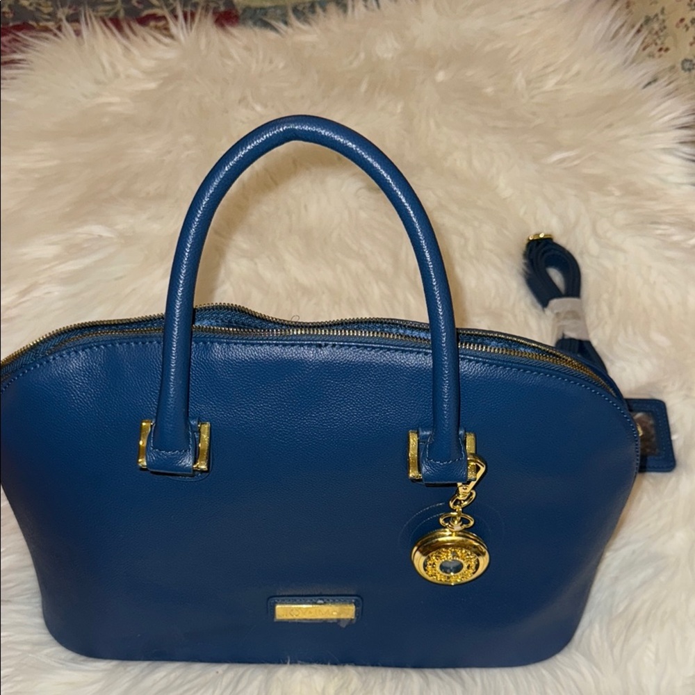 Blue Leather Handbag with Gold Accents